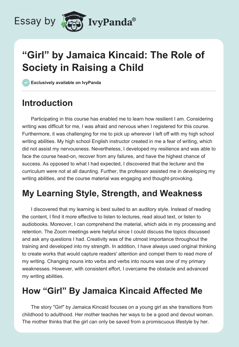 “Girl” by Jamaica Kincaid: The Role of Society in Raising a Child. Page 1