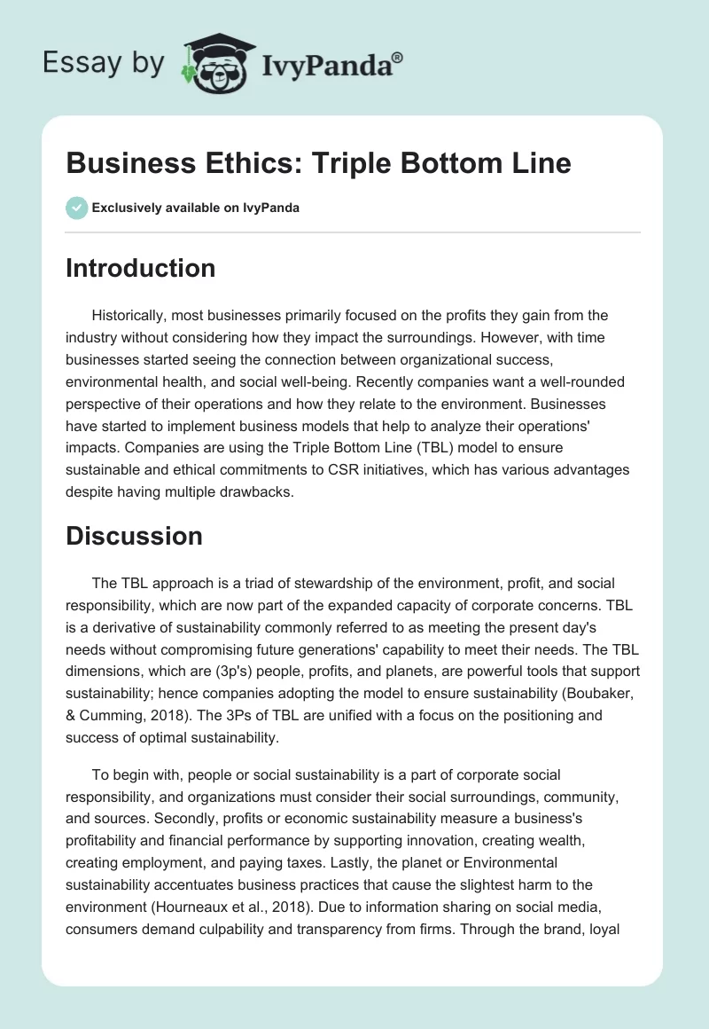 Business Ethics: Triple Bottom Line. Page 1