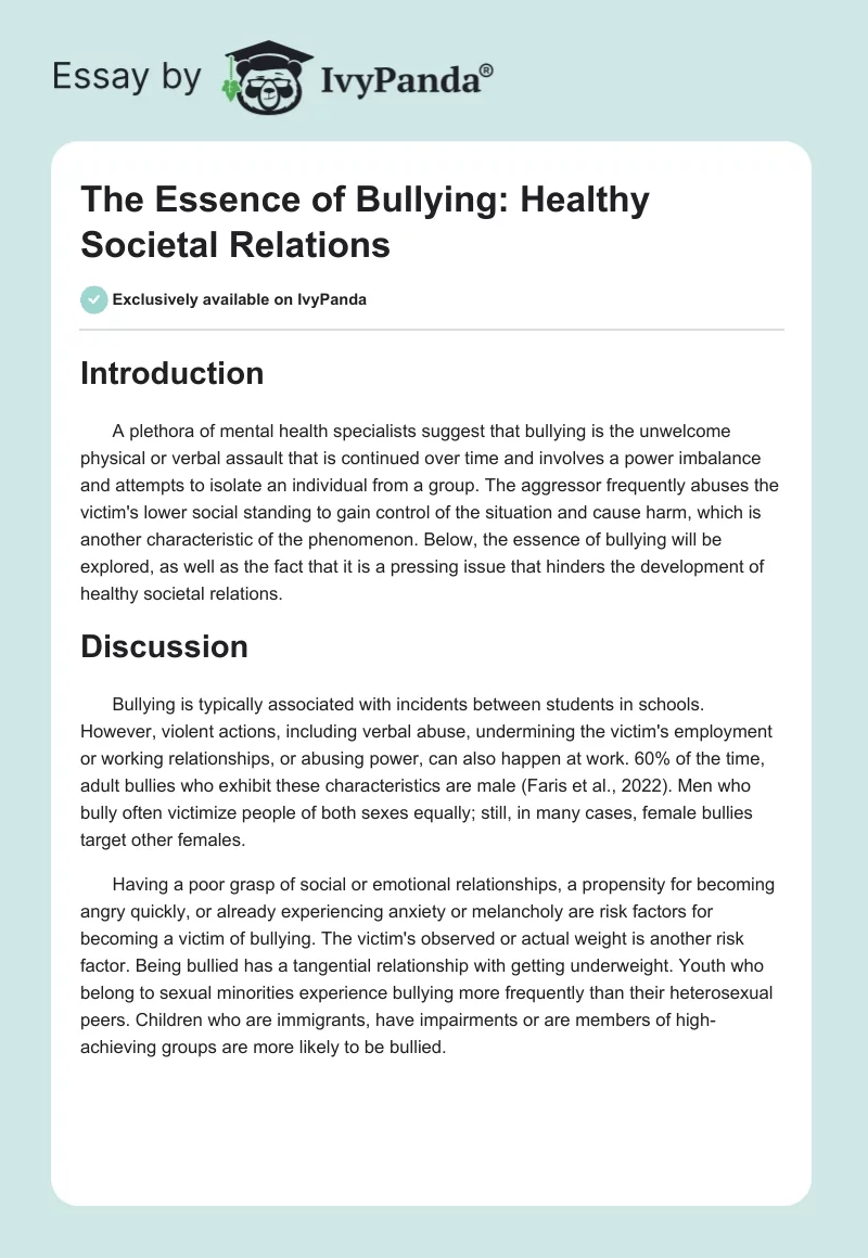 The Essence of Bullying: Healthy Societal Relations. Page 1