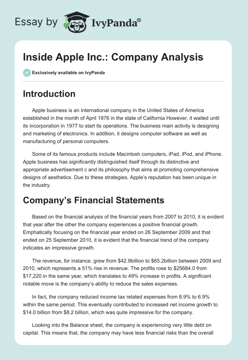 Inside Apple Inc.: Company Analysis. Page 1