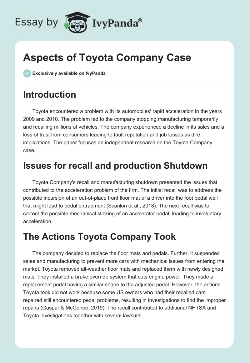 Aspects of Toyota Company Case. Page 1
