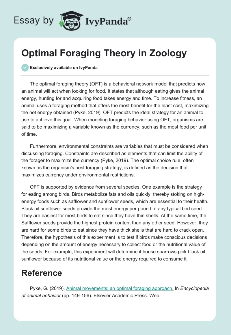 Optimal Foraging Theory in Zoology. Page 1