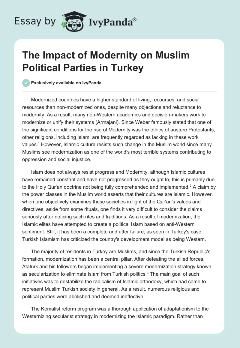 The Impact of Modernity on Muslim Political Parties in Turkey. Page 1