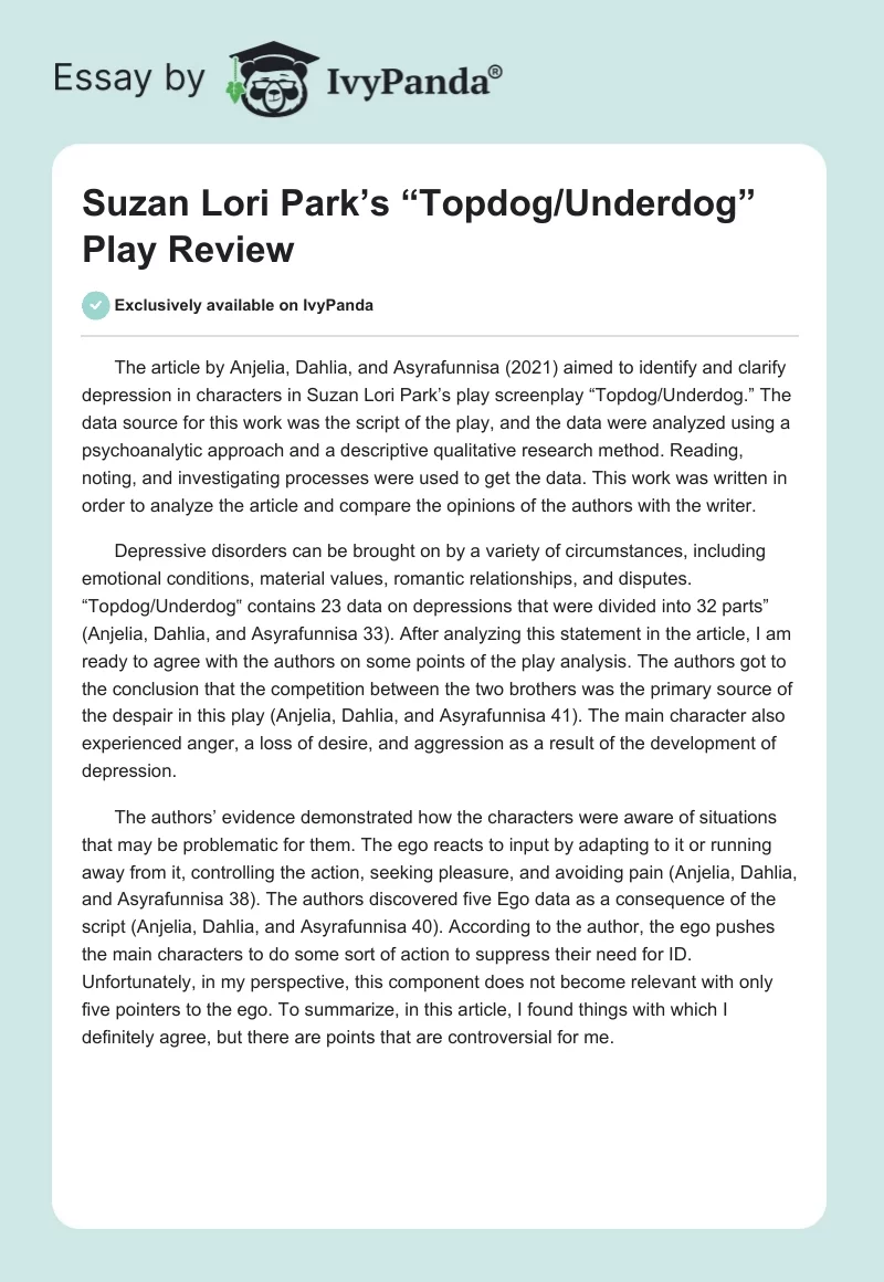 Suzan Lori Park’s “Topdog/Underdog” Play Review. Page 1