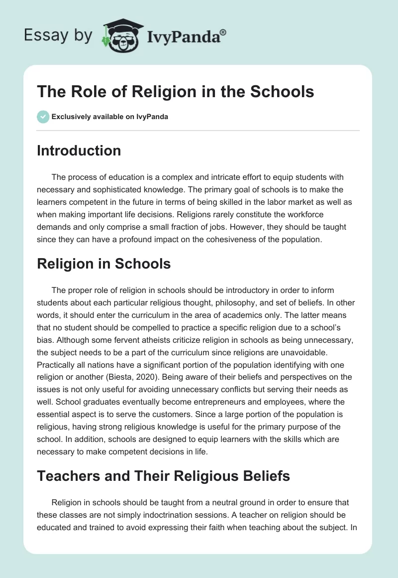 The Role of Religion in the Schools. Page 1