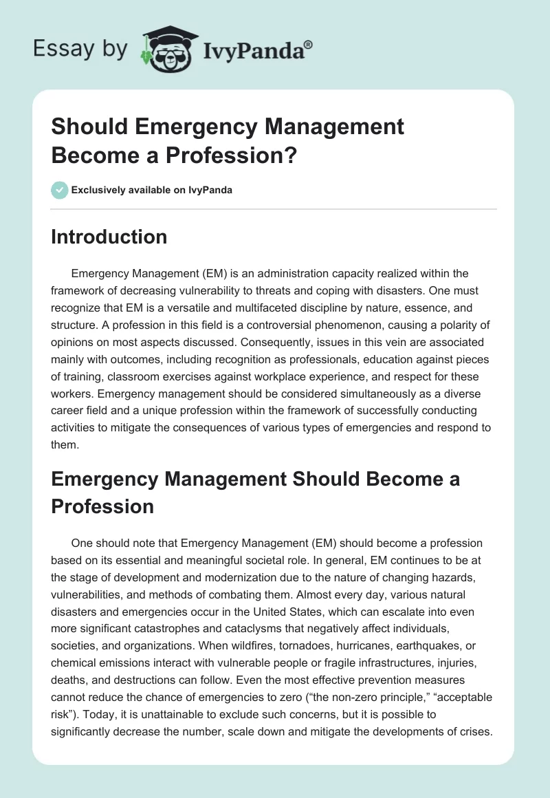 Should Emergency Management Become a Profession?. Page 1