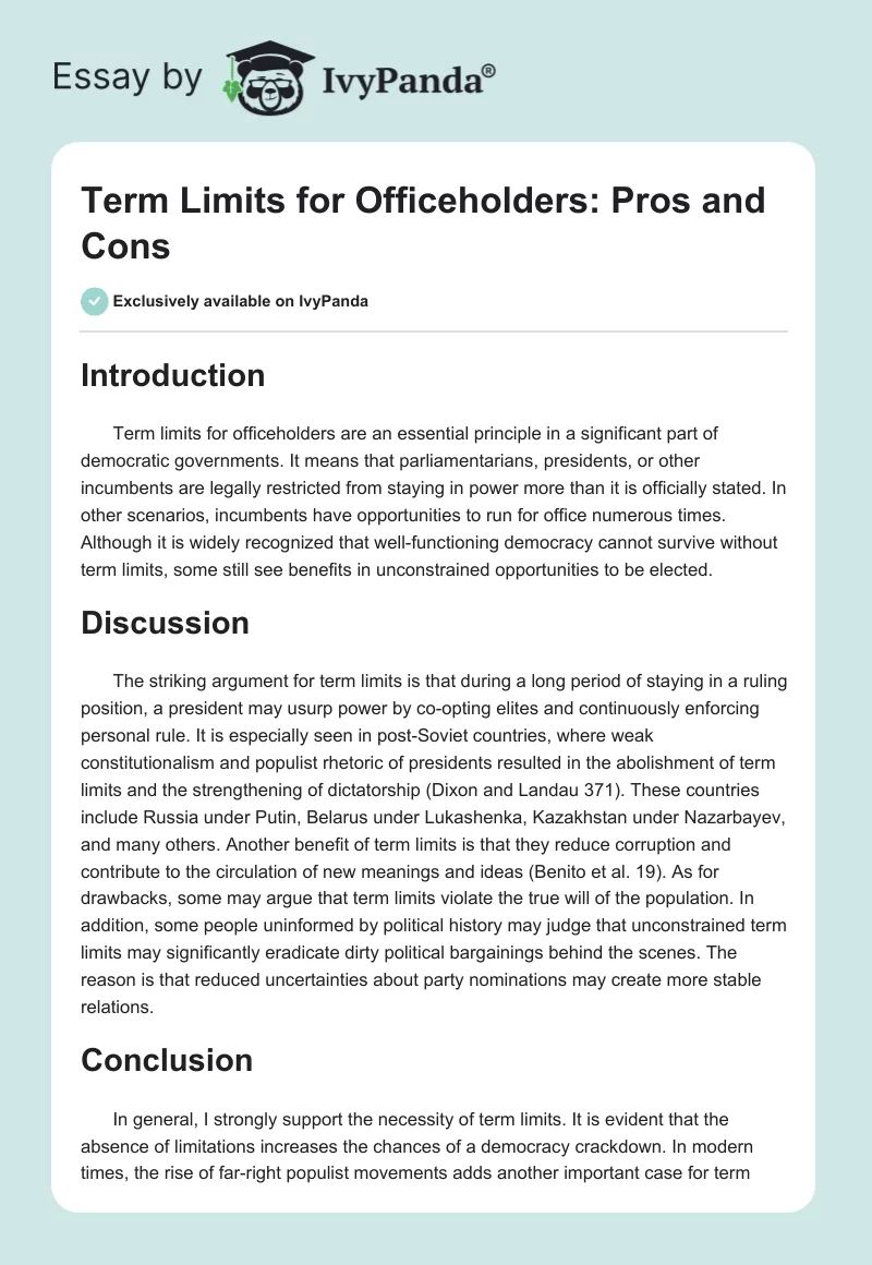 Term Limits for Officeholders: Pros and Cons. Page 1