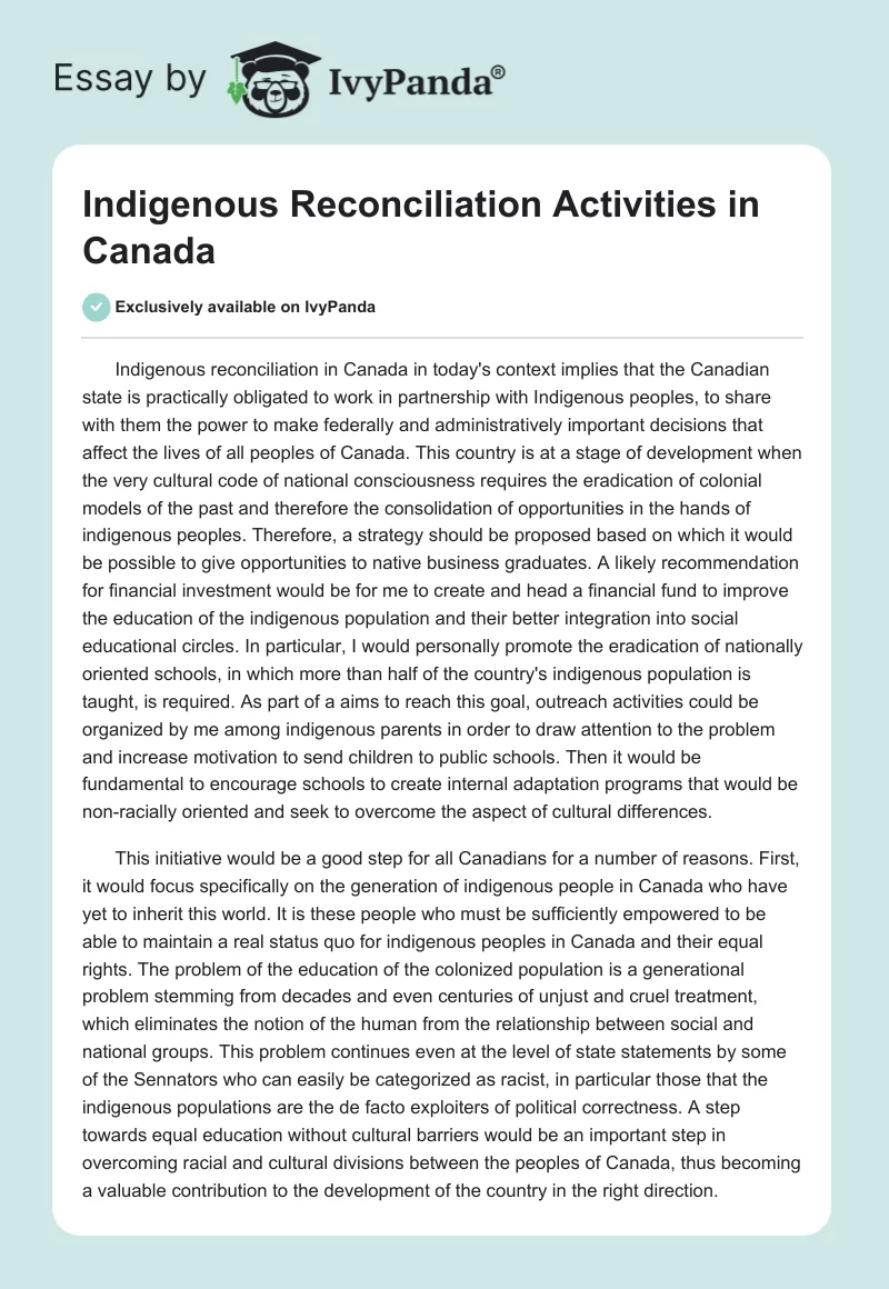 Indigenous Reconciliation Activities in Canada. Page 1