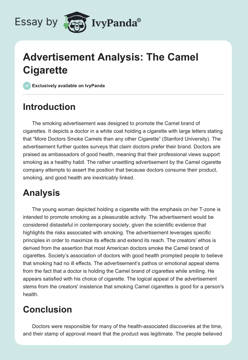 Advertisement Analysis: The Camel Cigarette. Page 1