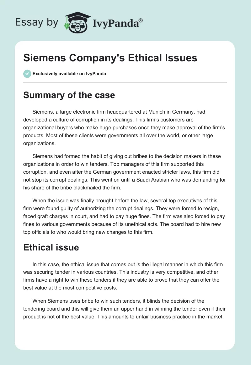 Siemens Company's Ethical Issues. Page 1
