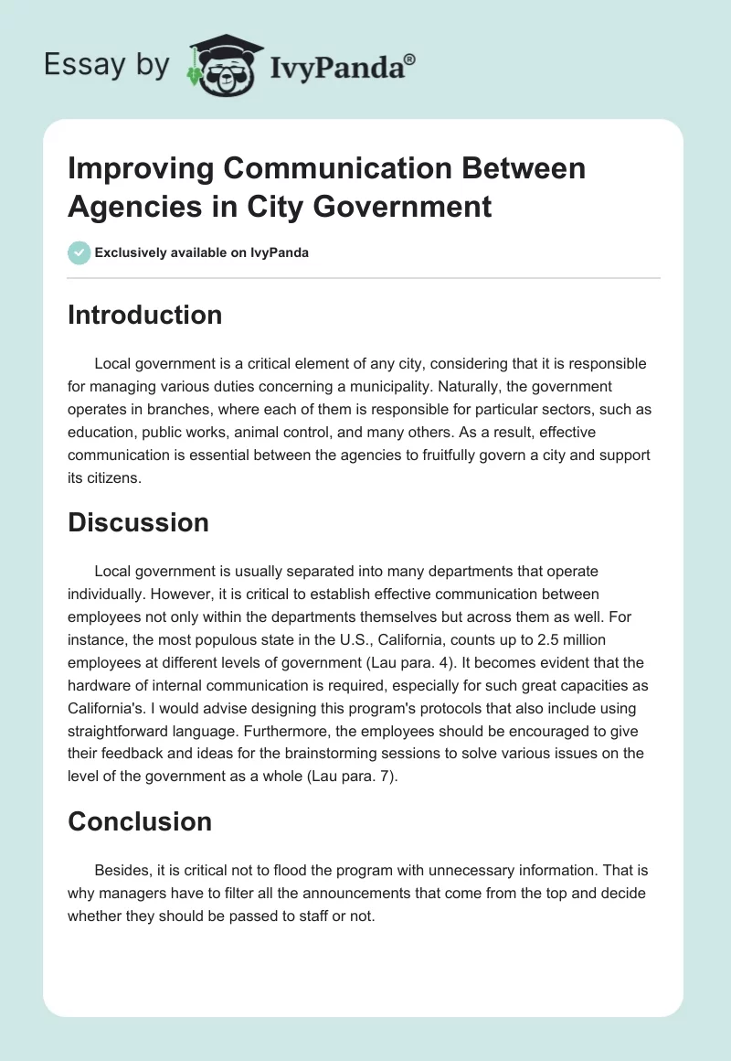 Improving Communication Between Agencies in City Government. Page 1