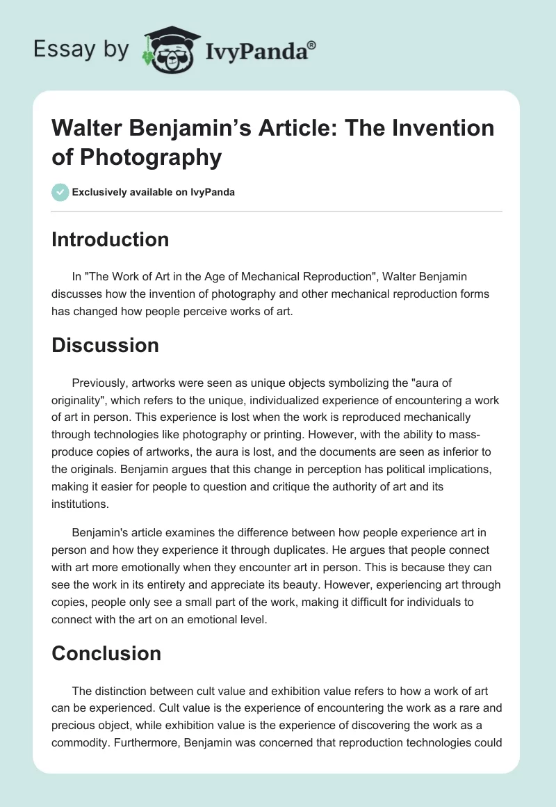 Walter Benjamin’s Article: The Invention of Photography. Page 1