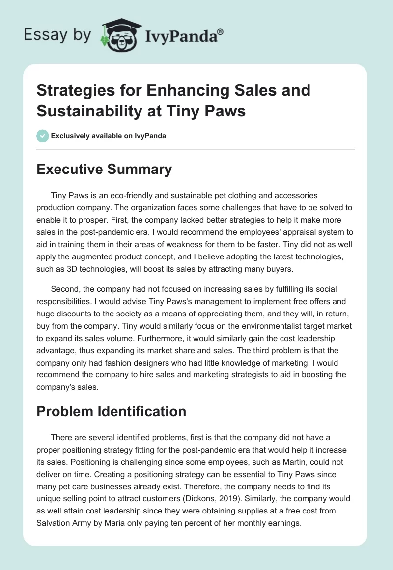 Strategies for Enhancing Sales and Sustainability at Tiny Paws. Page 1