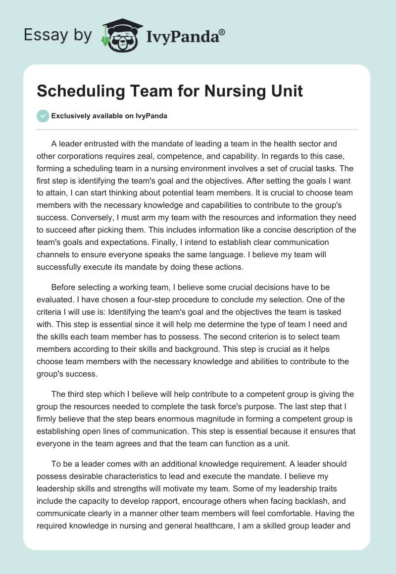 Scheduling Team for Nursing Unit. Page 1