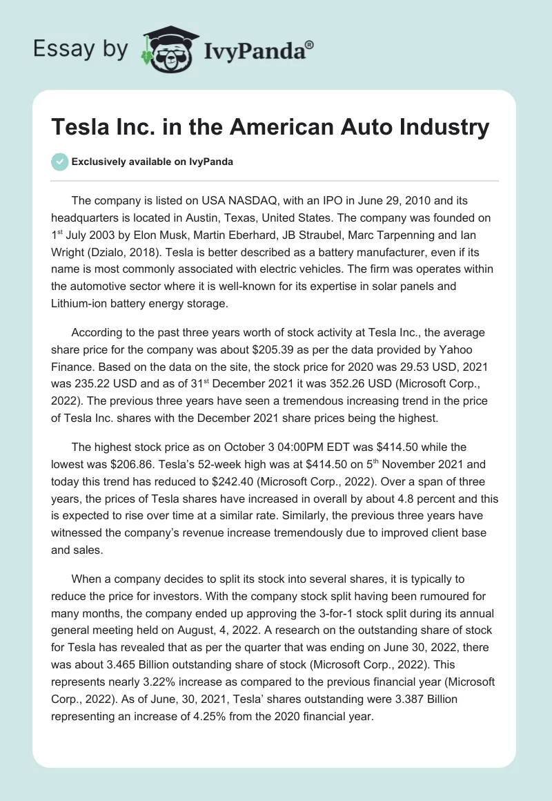 Tesla Inc. in the American Auto Industry. Page 1