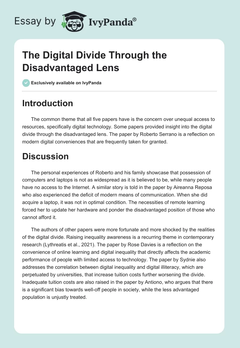 The Digital Divide Through the Disadvantaged Lens. Page 1