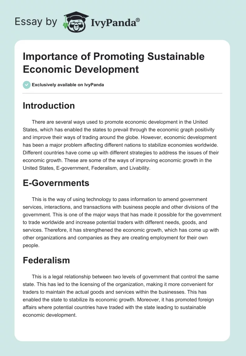 Importance of Promoting Sustainable Economic Development. Page 1