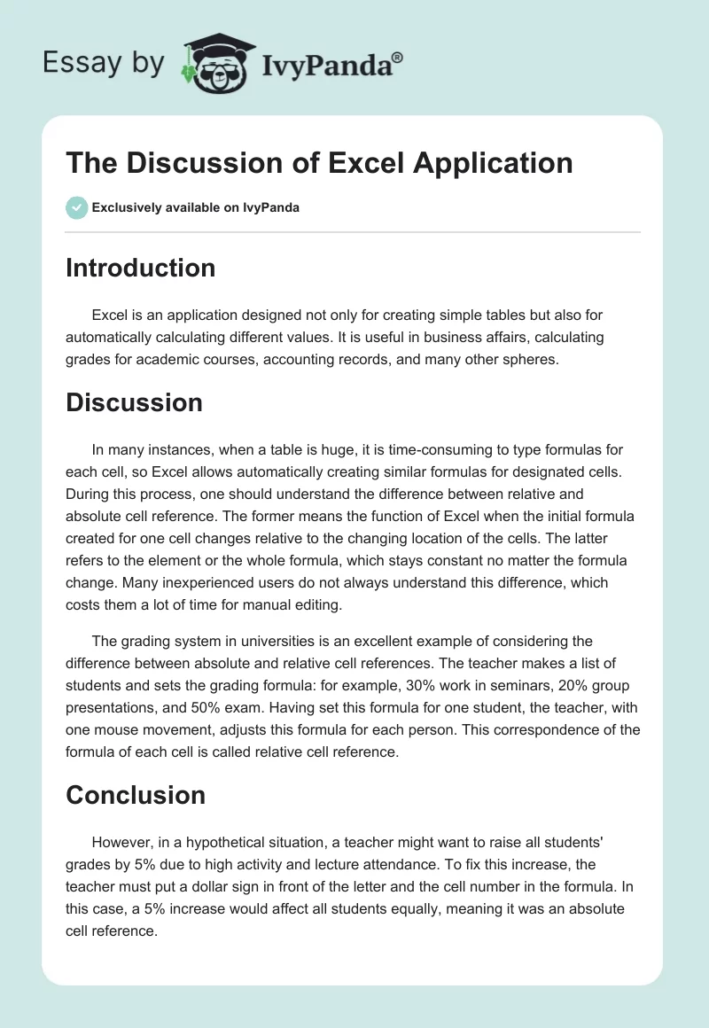 The Discussion of Excel Application. Page 1