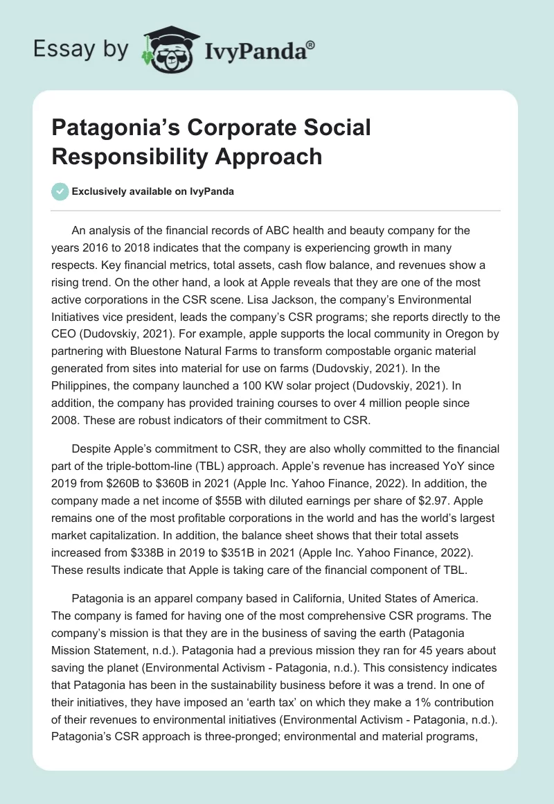 Patagonia’s Corporate Social Responsibility Approach. Page 1