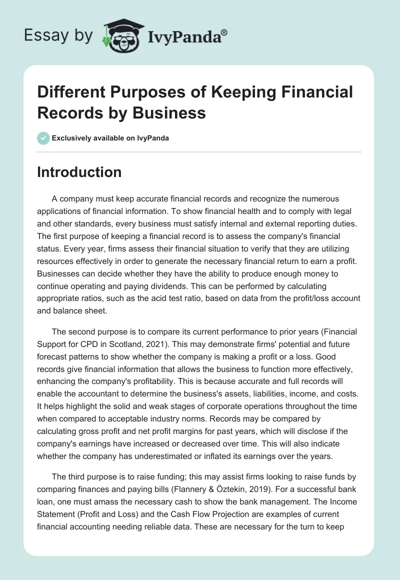 Different Purposes of Keeping Financial Records by Business. Page 1