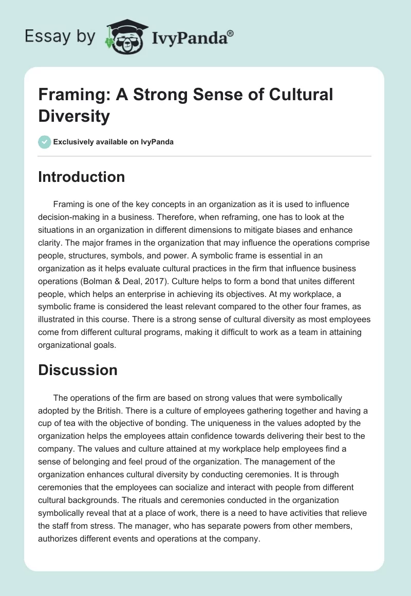 Framing: A Strong Sense of Cultural Diversity. Page 1