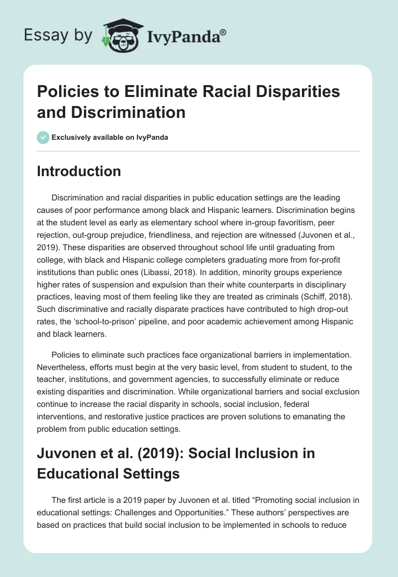 Policies to Eliminate Racial Disparities and Discrimination. Page 1