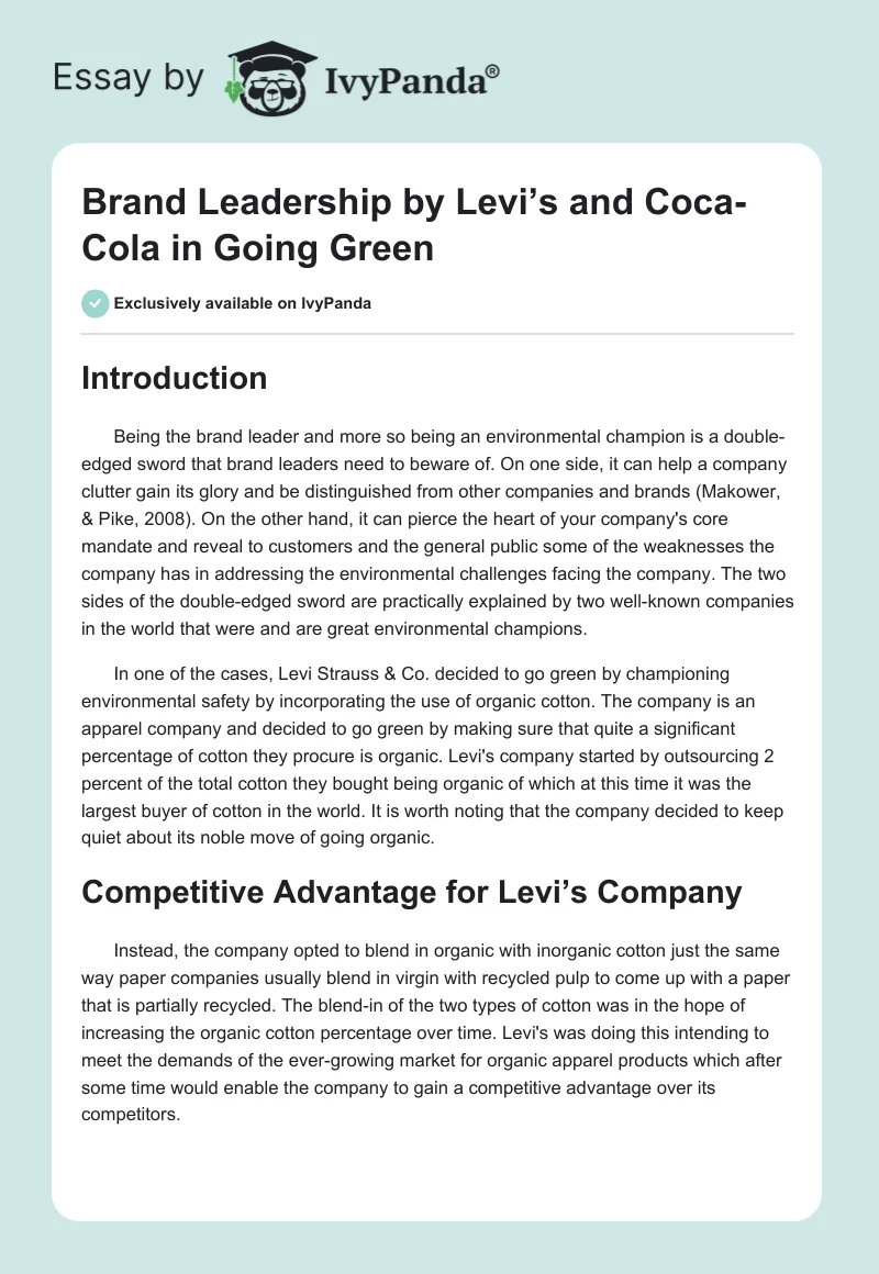 Brand Leadership by Levi’s and Coca-Cola in Going Green. Page 1