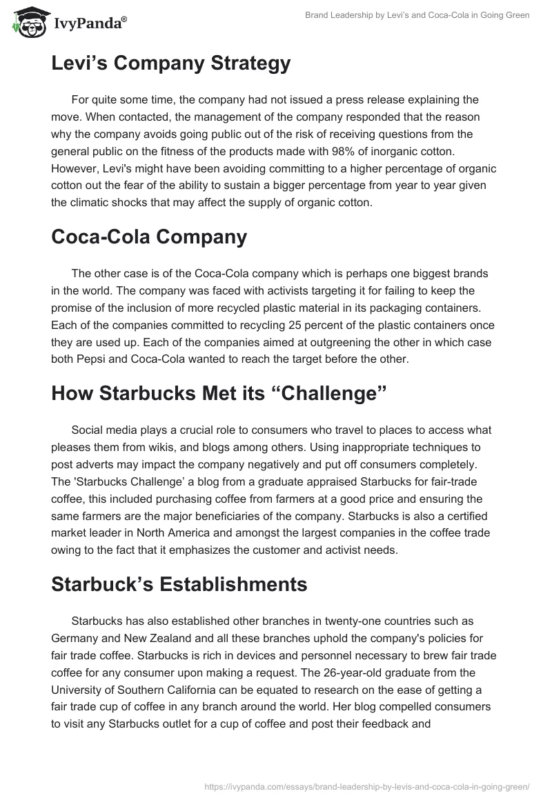 Brand Leadership by Levi’s and Coca-Cola in Going Green. Page 2