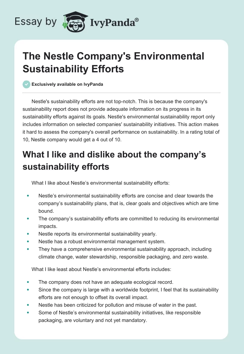 The Nestle Company's Environmental Sustainability Efforts. Page 1