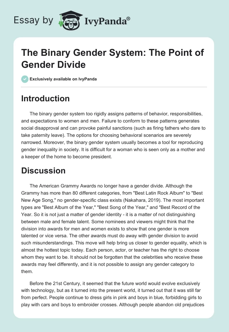The Binary Gender System: The Point of Gender Divide. Page 1