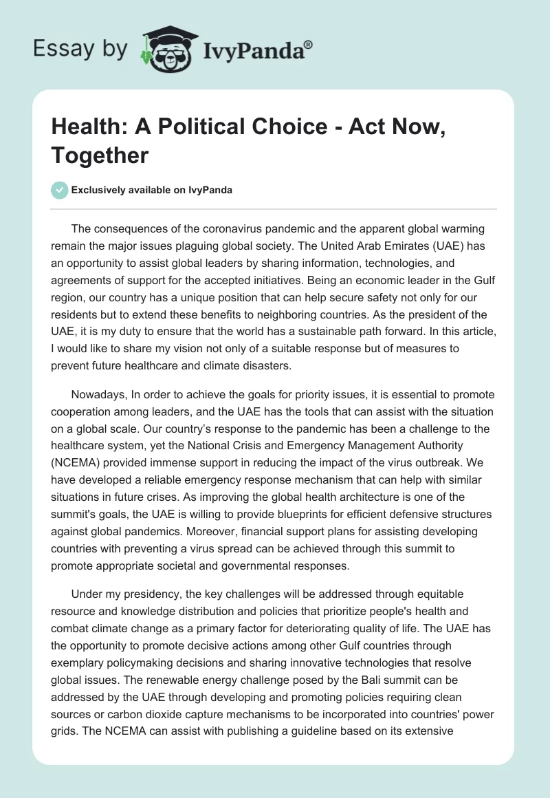 Health: A Political Choice - Act Now, Together. Page 1