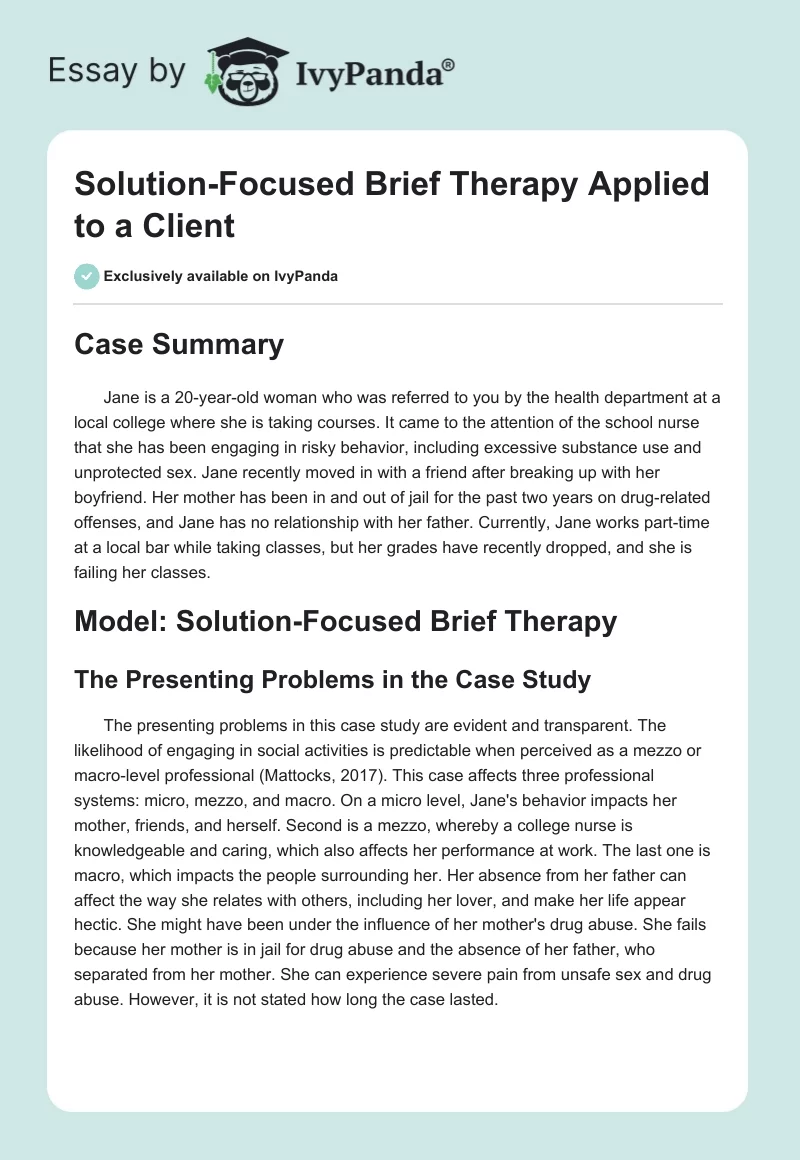 Solution-Focused Brief Therapy Applied to a Client. Page 1