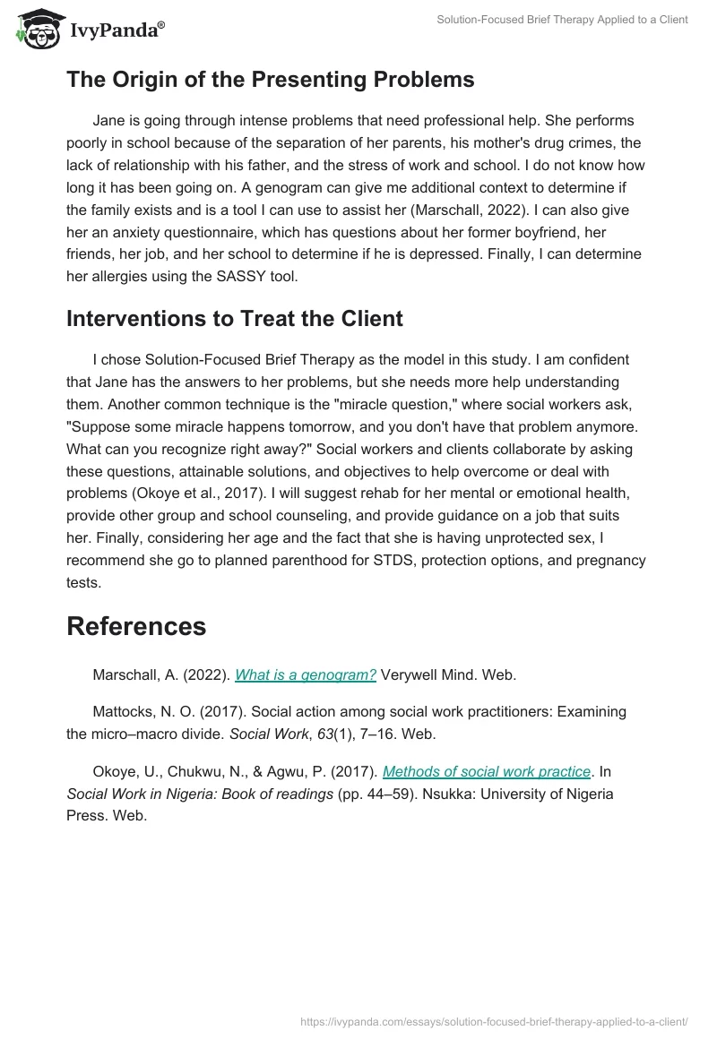 Solution-Focused Brief Therapy Applied to a Client. Page 2