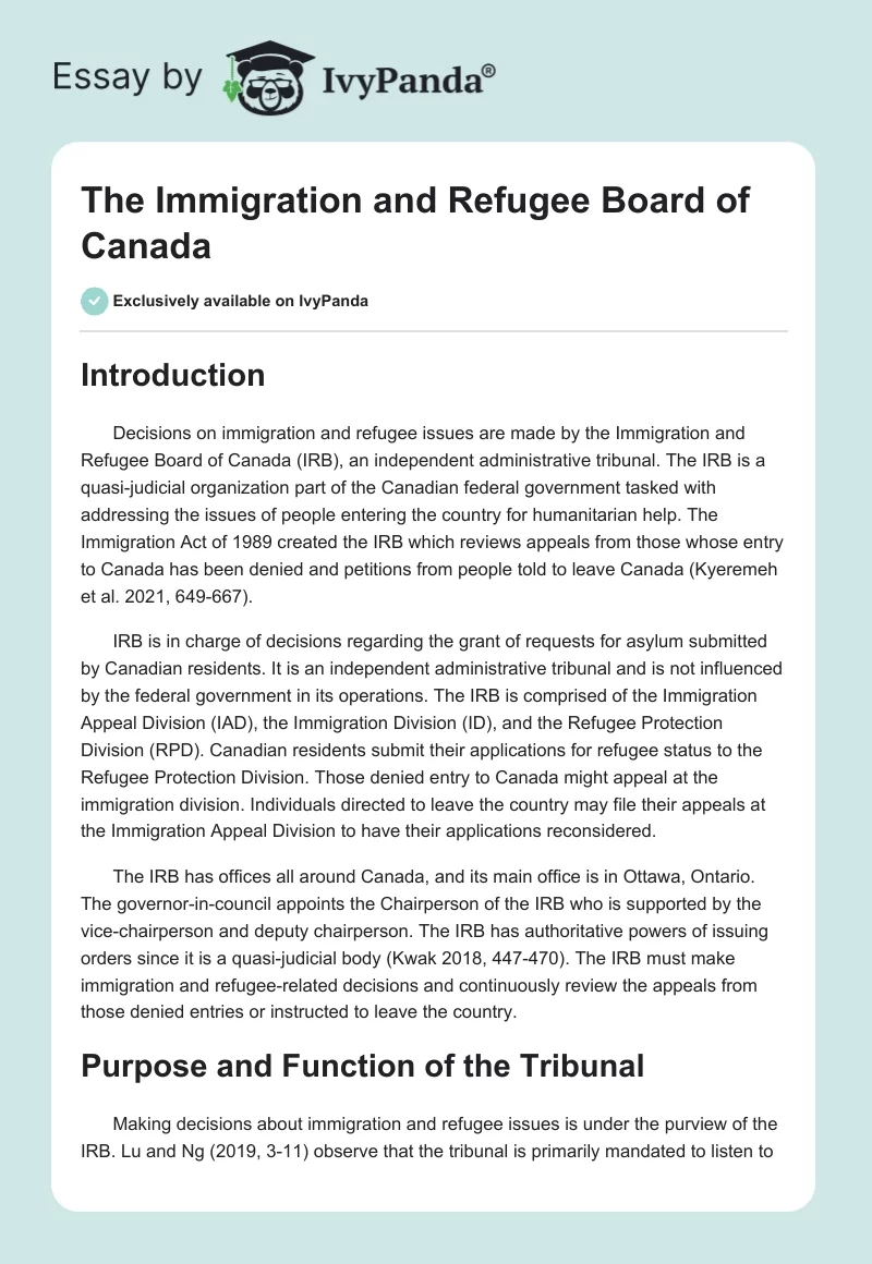 The Immigration and Refugee Board of Canada. Page 1