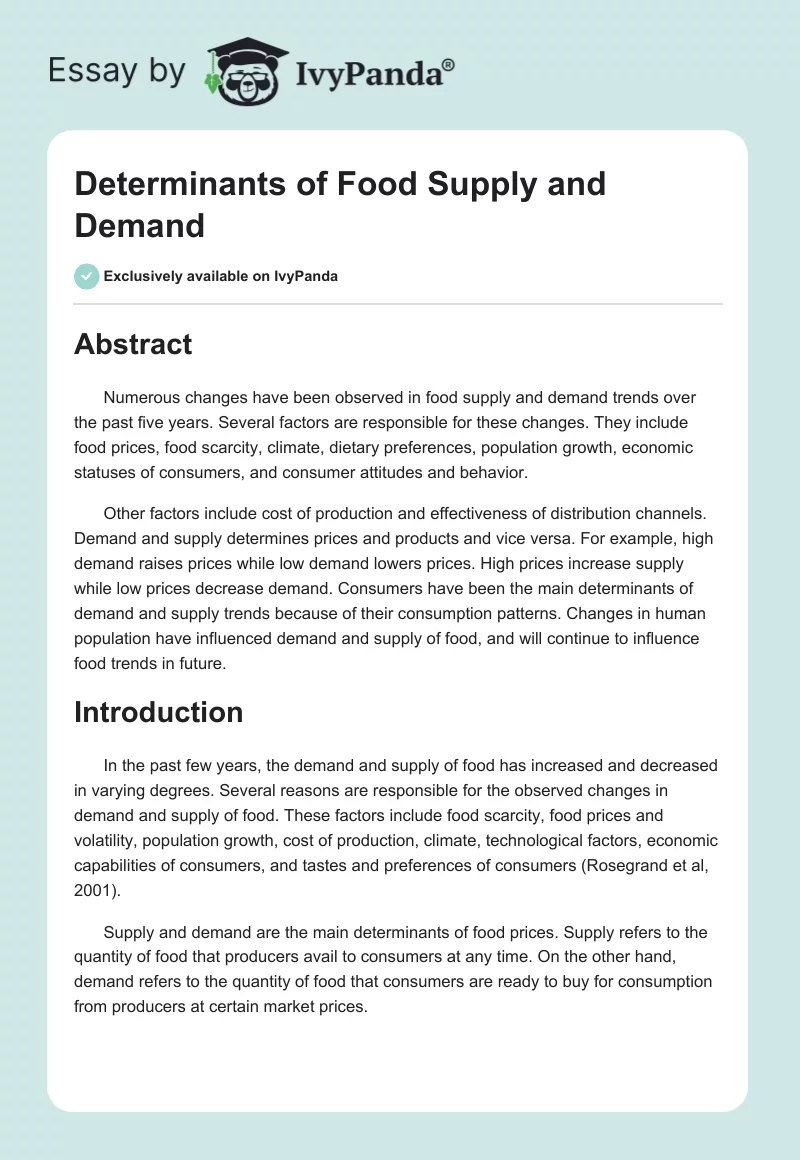 Determinants of Food Supply and Demand. Page 1