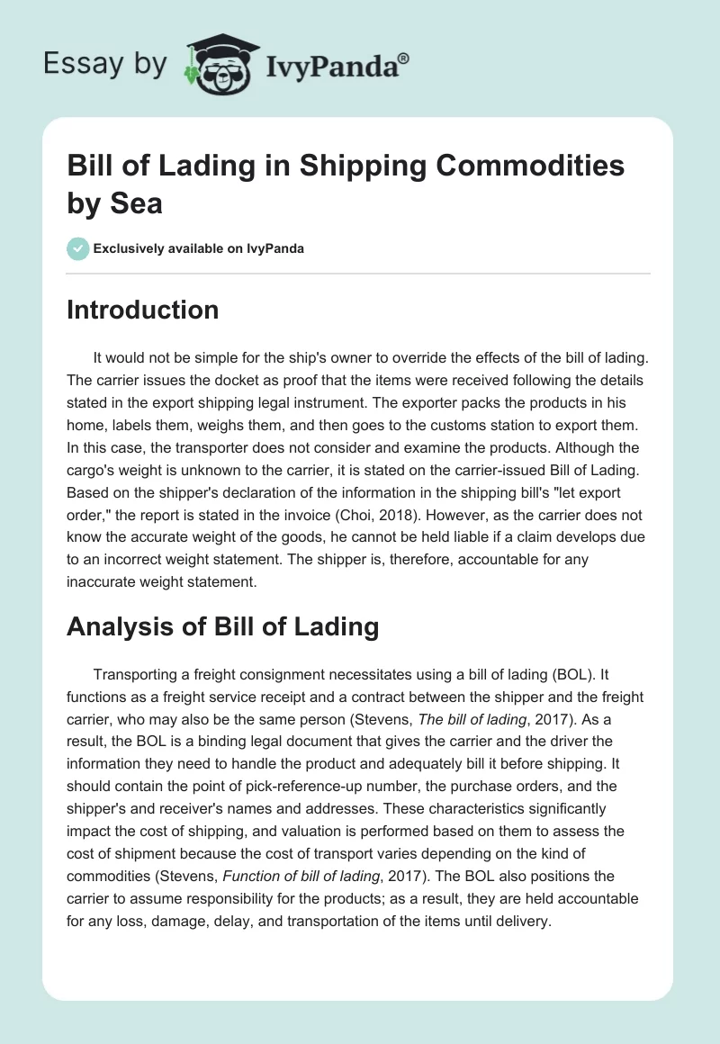 Bill of Lading in Shipping Commodities by Sea. Page 1