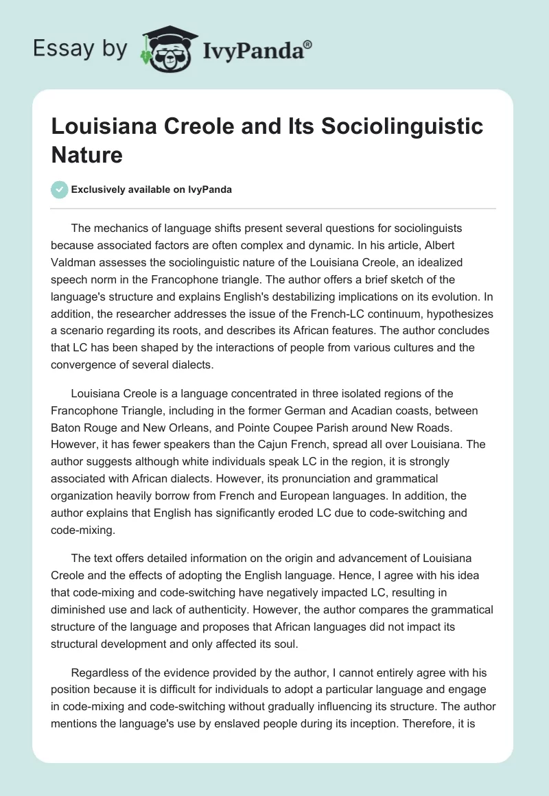 Louisiana Creole and Its Sociolinguistic Nature. Page 1