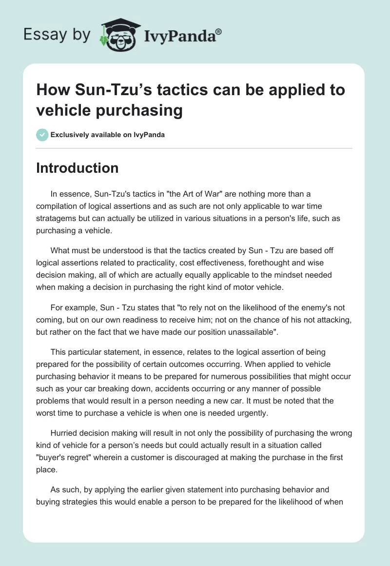 How Sun-Tzu’s tactics can be applied to vehicle purchasing. Page 1
