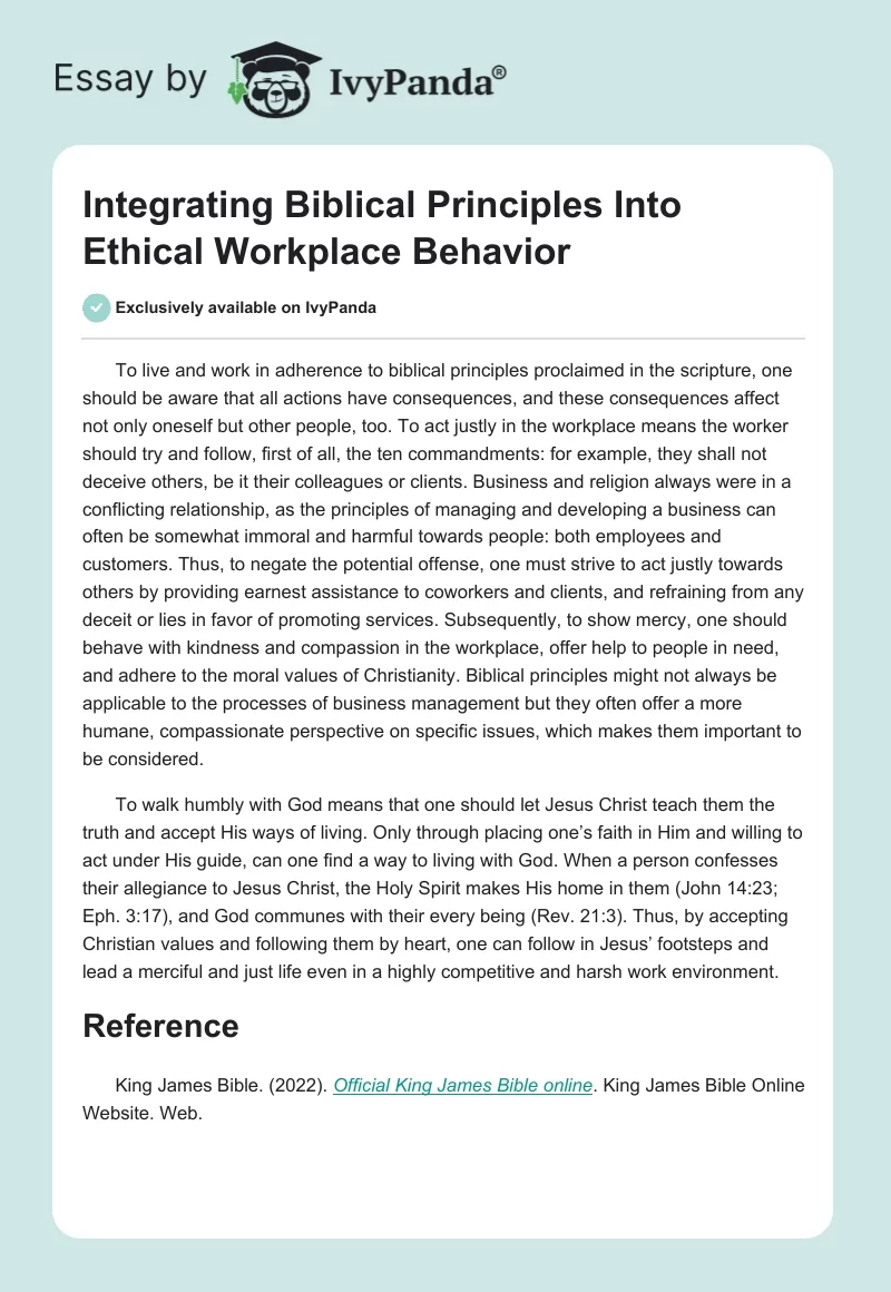 Integrating Biblical Principles Into Ethical Workplace Behavior. Page 1