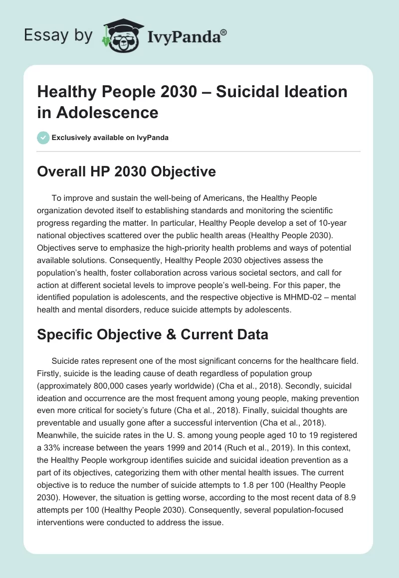 Healthy People 2030 – Suicidal Ideation in Adolescence. Page 1