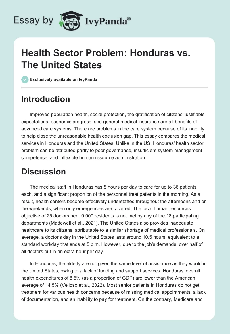 Health Sector Problem: Honduras vs. The United States. Page 1