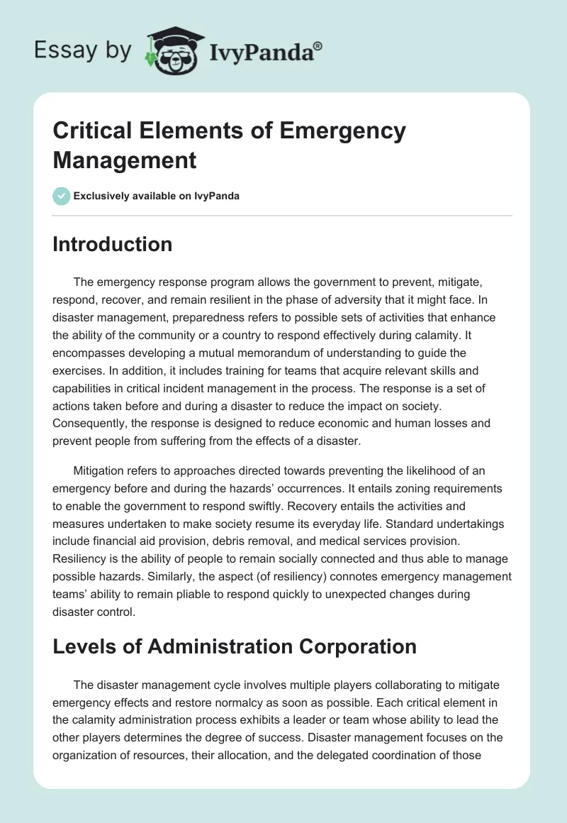 Critical Elements of Emergency Management. Page 1