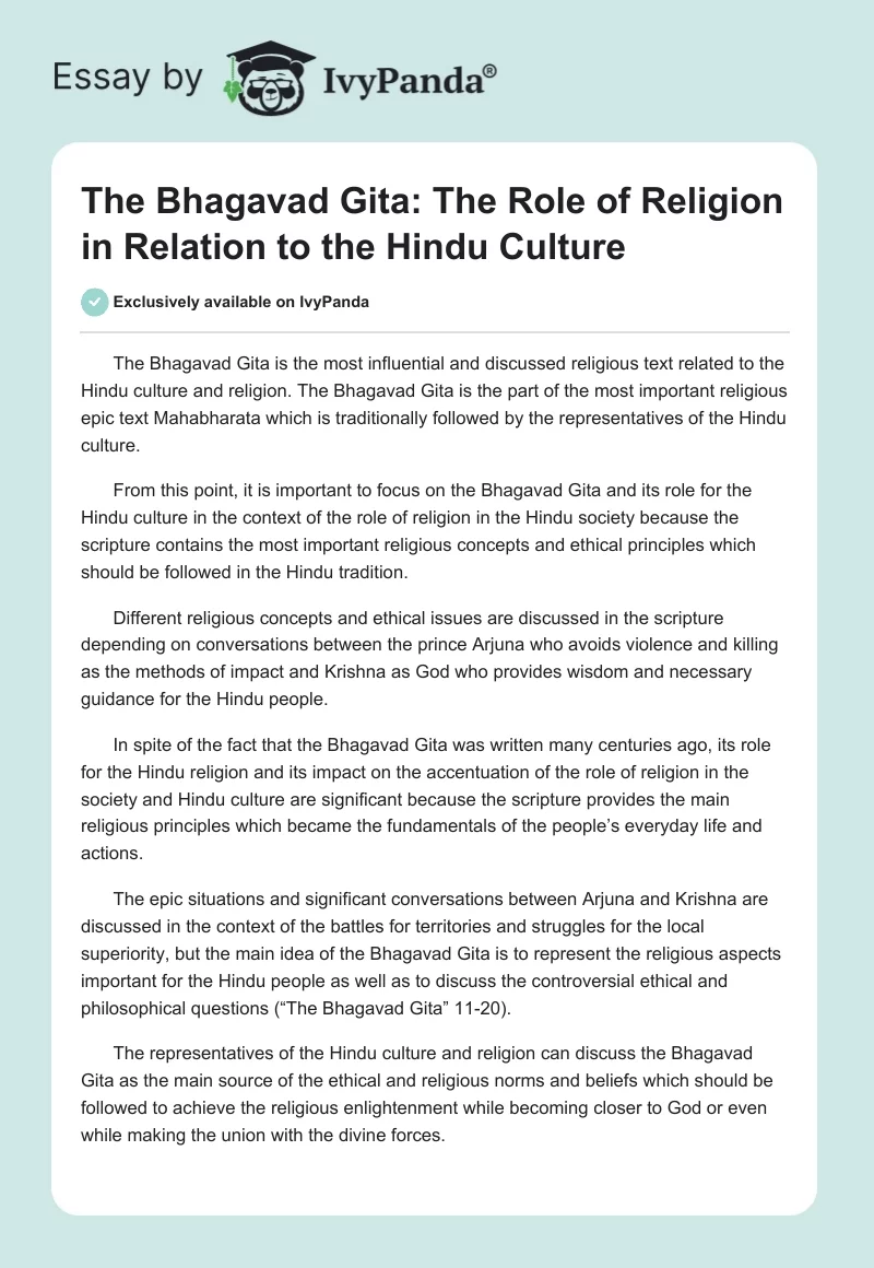 The Bhagavad Gita: The Role of Religion in Relation to the Hindu Culture. Page 1