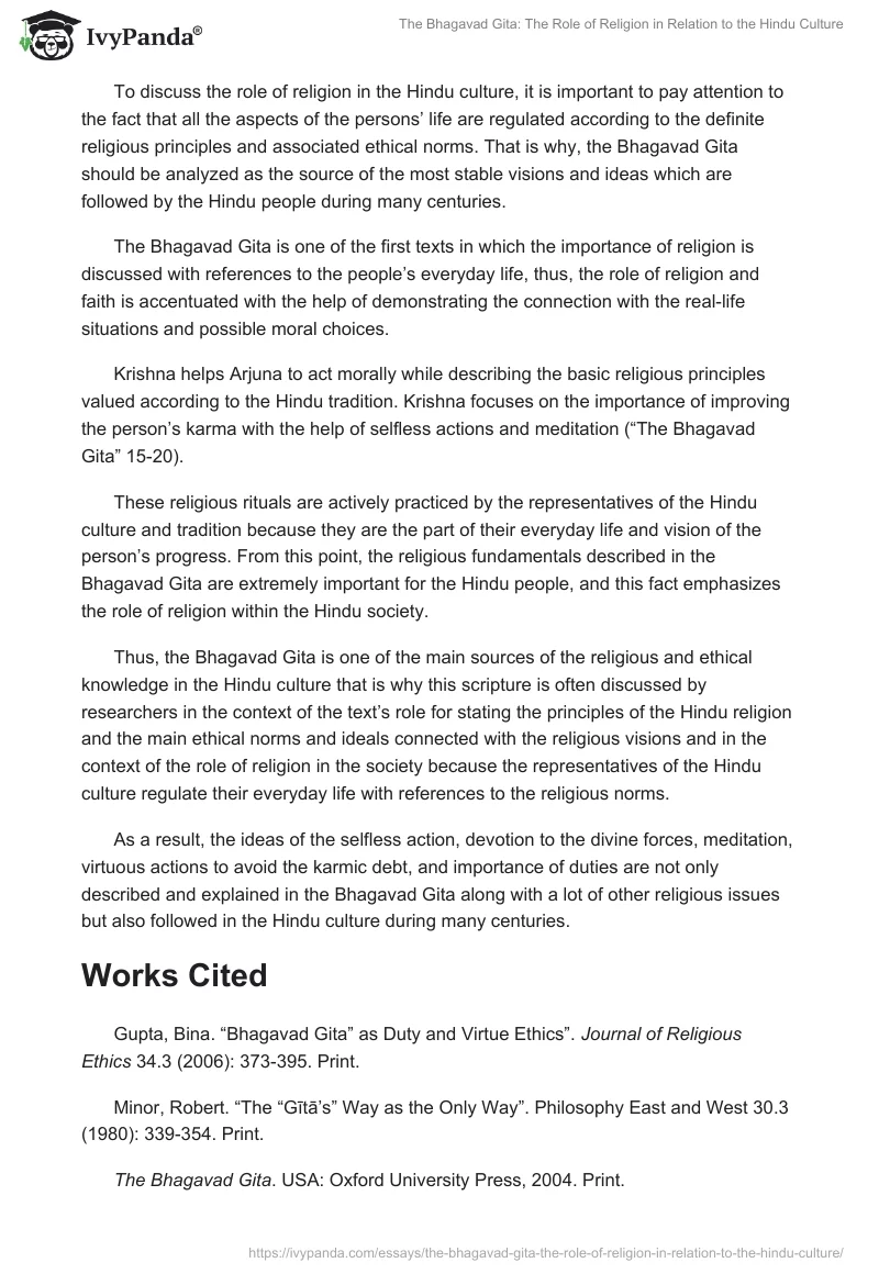 The Bhagavad Gita: The Role of Religion in Relation to the Hindu Culture. Page 3