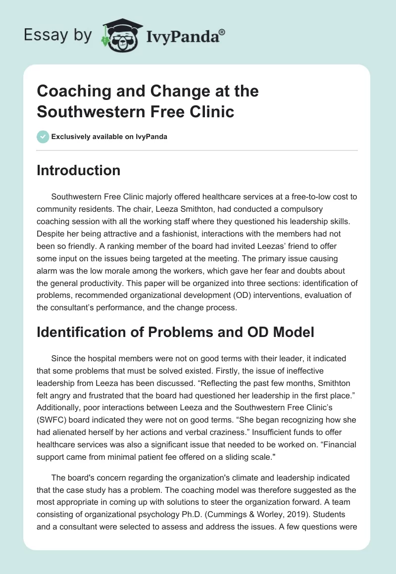 Coaching and Change at the Southwestern Free Clinic. Page 1