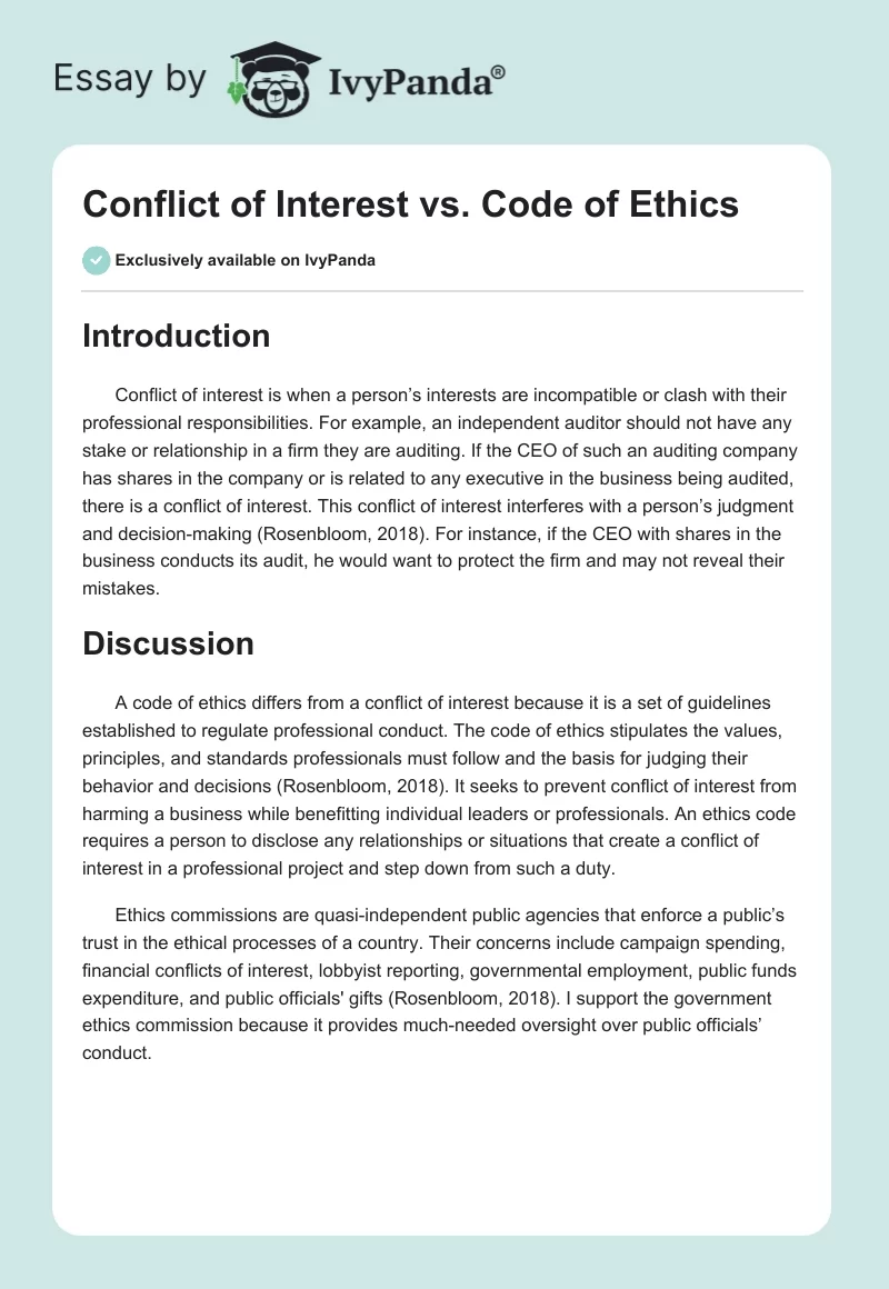 Conflict of Interest vs. Code of Ethics. Page 1