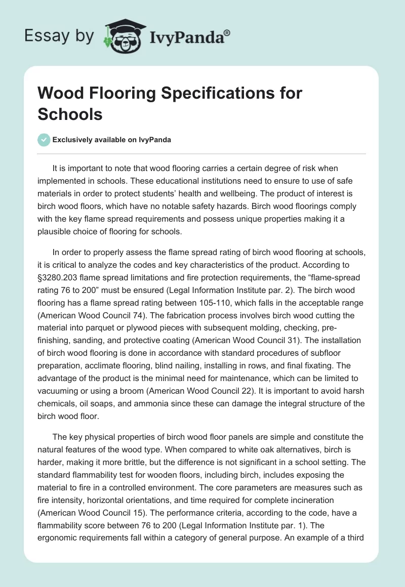 Wood Flooring Specifications for Schools. Page 1