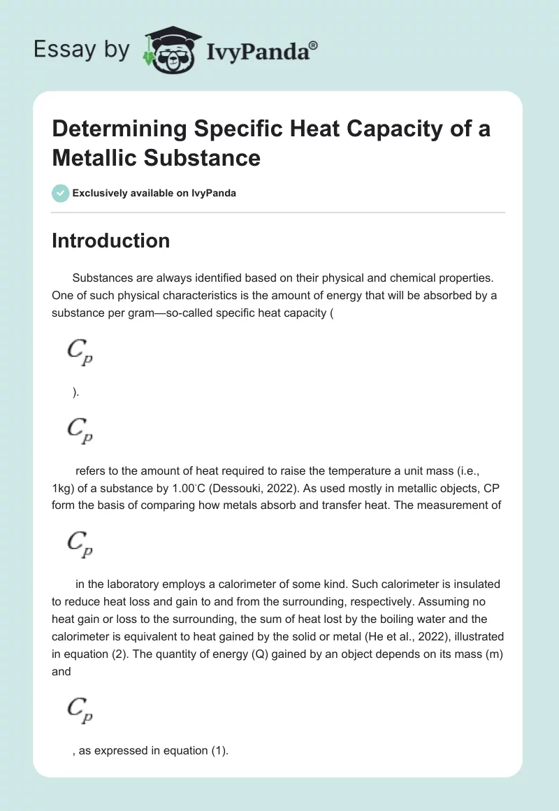 Determining Specific Heat Capacity of a Metallic Substance. Page 1