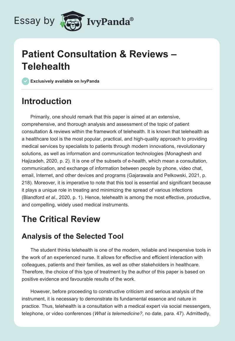 Patient Consultation & Reviews – Telehealth. Page 1