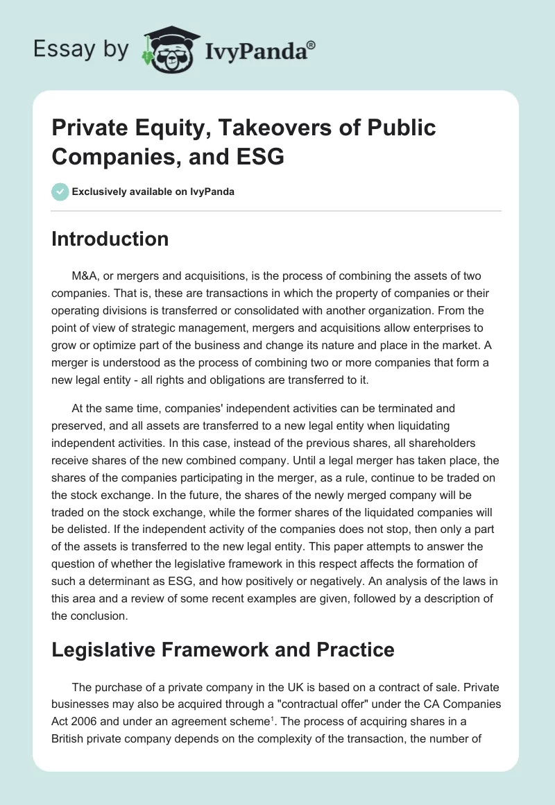Private Equity, Takeovers of Public Companies, and ESG. Page 1